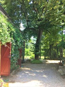 a red door in a yard with a tree at Chambres d'hotes Les Coustilles in Saint-Alvère