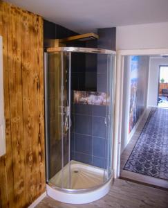 a shower with a glass door in a room at Apart Oderblick in Neubleyen