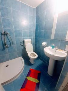 a blue tiled bathroom with a toilet and a sink at Vila Atipic in Costinesti