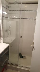 a shower with a glass door in a bathroom at Studio 4 personnes RDC avec jardin et parking sous terrain in Samoëns