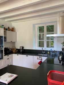 une cuisine avec des placards blancs et un comptoir noir dans l'établissement Moulin de Battereau - Jardin & Verger - 9km d'Amboise, à Saint-Martin-le-Beau