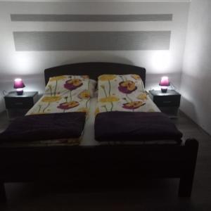 1 dormitorio con 1 cama con 2 almohadas y 2 lámparas en Little house, Mandrina 13, en Sarajevo