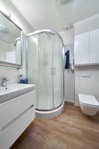 a bathroom with a shower and a sink and a toilet at Copernicus Prestige in Olsztyn