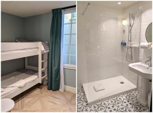 two pictures of a bathroom with a shower and a sink at Hôtel Le Saint Christophe in La Baule +37 photos