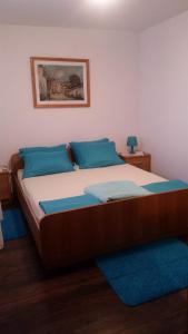 奧米沙利的住宿－Gita，一间卧室配有一张带蓝色枕头的大床
