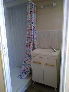 a bathroom with a shower curtain and a sink at Marie in Aytré