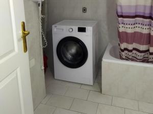 uma máquina de lavar roupa na casa de banho com uma cortina de chuveiro em Mariza's apartment em Kavala