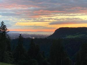 uma vista para o pôr-do-sol a partir de uma montanha com árvores em Auszeit em Buch