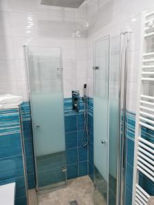 a shower with a glass door in a bathroom at Gästehaus Anglerklause in Allstedt