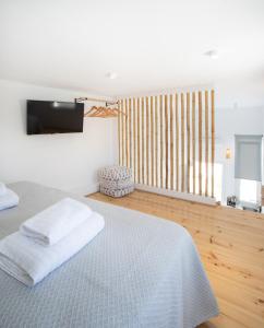 1 dormitorio con 1 cama y TV en la pared en Mytheo, en Mykonos ciudad