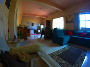 a living room with a blue couch and a kitchen at Itaimbezinho Hostel Santa Catarina in Praia Grande