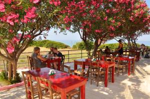 a group of people sitting at tables with pink flowers at Pink Palace Beach Resort in Agios Gordios