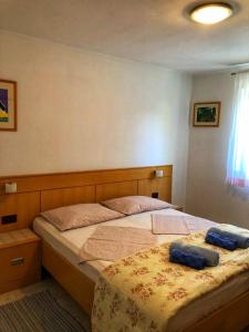 a bedroom with a bed with two blue pillows on it at Dvosobni apartman in Banjol