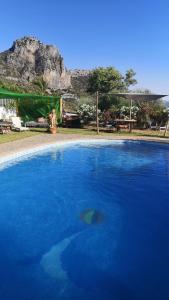 a large blue swimming pool with a mountain in the background at Hacienda el Mirador in El Gastor