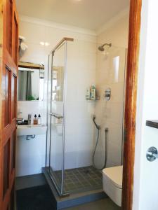 a bathroom with a shower and a toilet and a sink at Relax,Revive,Reset & enjoy the sounds of the sea! in Cape Town