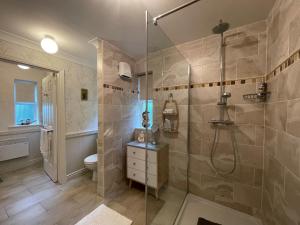 a bathroom with a shower with a glass door at The Garden Room at Sleepy Hollow in Louisburgh