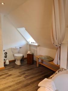 ein Bad mit einem WC und einem Waschbecken im Dachgeschoss in der Unterkunft Pilgrims "Elli" charmante Maisonette Bad Sassendorf in Bad Sassendorf