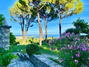 un jardin avec des fleurs et des arbres et l'océan en arrière-plan dans l'établissement Domaine des Encourdoules, à Vallauris