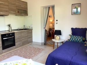 een slaapkamer met een paars bed en een keuken bij Charmant Appartement 2 pièces in Eccica-Suarella