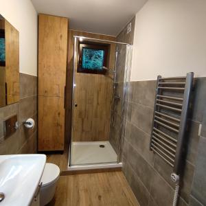 a bathroom with a shower and a toilet and a sink at Apartament Szumi Las Kletno in Kletno +15 photos