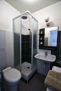 サン・ポール・レ・ダックスにあるLogis Hôtel Le Relais des Plagesのバスルーム(シャワー、トイレ、シンク付)