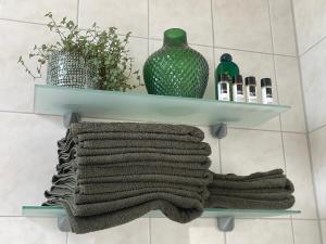 a shelf in a bathroom with towels and a vase at PetitGrandeur in Maastricht