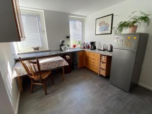 eine Küche mit einem Kühlschrank und einem Tisch darin in der Unterkunft Ferienwohnung Storchennest in Helmstedt