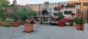 a garden with pots of flowers and a fireplace at Casa Bita in Sibiu