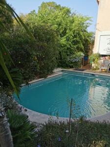uma piscina num quintal com árvores em APPARTEMENT EN SOUS SOL DE VILLA avec accès jardin et piscine em Marselha