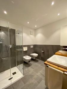 a bathroom with a shower and a toilet and a sink at Der Söllhof in Bressanone