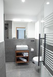 ein Badezimmer mit einem Waschbecken, einem WC und einem Spiegel in der Unterkunft Apartments Vorhöfe in Morter