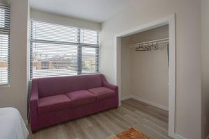 a living room with a purple couch in front of a window at Comfy Studio with Cali King Size Mattress in San Diego