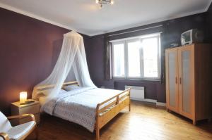 um quarto com uma cama de dossel e uma janela em Les Appartements Â Vî Mâm'dî em Malmedy