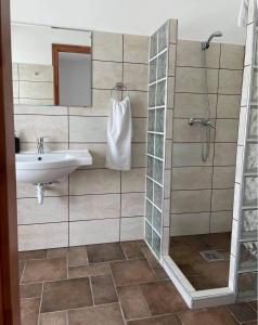 a bathroom with a sink and a shower at Somló Kolonics Kúria in Somlóvásárhely +12 photos