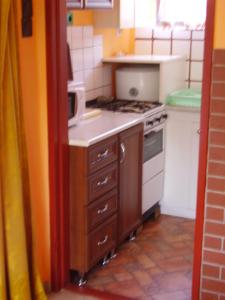 Il comprend une petite cuisine équipée d'une cuisinière et d'un évier. dans l'établissement Andrea apartman, à Zamárdi