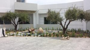 two dogs are sitting in front of a building at Royal Bay Suites in Kefalos