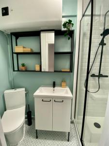 a bathroom with a sink and a toilet and a shower at Provins au coeur du quartier historique - Charmant studio pour 2 in Provins