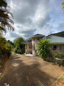 a house with a palm tree and a driveway at SOUTH HILL VILLA in Mahe
