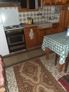uma cozinha com um fogão e uma mesa em EFTHYMIOS Φθηνη και ησυχη διαμονη em Grammatikoú