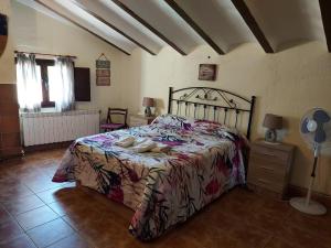 Riópar Viejo的住宿－Casa del Águila Dorada，一间卧室配有一张床和风扇