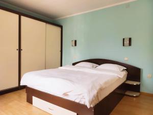 a bedroom with a large bed with white sheets at Magic Home in Slănic