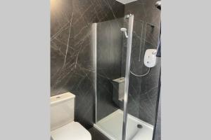 a bathroom with a toilet and a glass shower at Preston Villa, spacious ground floor apartment in Buckie