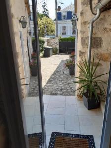 an open door to a courtyard with a potted plant at Les Maharanis in Moisenay