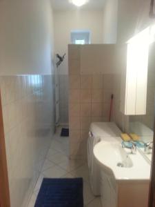 uma casa de banho com um lavatório, um chuveiro e um WC. em Café Dlask em Varnsdorf
