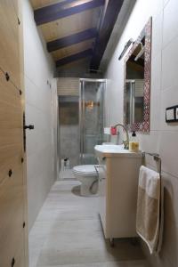 a bathroom with a sink and a toilet and a mirror at El Salto del Agua in Orbaneja del Castillo