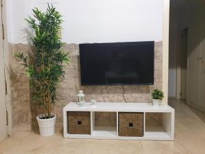 sala de estar con TV en una pared de ladrillo en Triana 143 - WIFI, en Sevilla