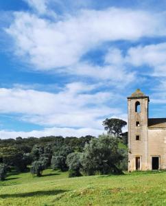 an old building in a field with trees in the background at Torre da Giesteira in São Brissos