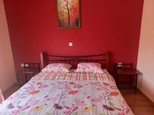 a bedroom with a bed in a red wall at Big apartment next to Olympus mountain in Litochoro