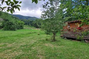 a log cabin in a field next to a tree at Charmante Roulotte atypique in Jaujac