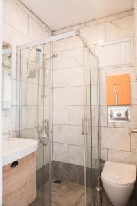 a bathroom with a shower and a toilet and a sink at Daphnis Hotel in Golturkbuku +284 photos